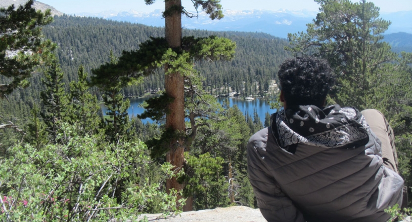 a person rests on a rock overlooking trees and a body of water on an outward bound course for bipoc